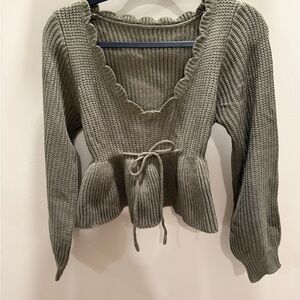 Knit Peplum Tie-Waist Sweater in Olive Green